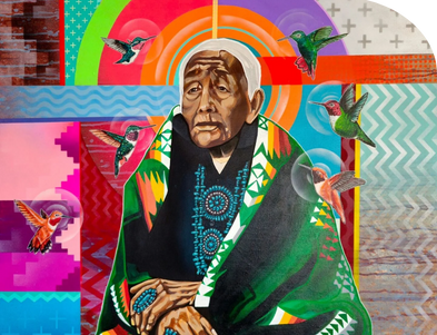 "THE FUTURE IS INDIGENOUS: Messages to the Seventh Generation⁠" by Jay Redhouse Painting shows a Diné Indigenous elder sitting surrounded by 6 hummingbirds representing the seven generations.