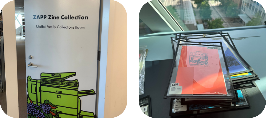 Left: The ZAAP collection at the Seattle Public Library Right: A stack of zines